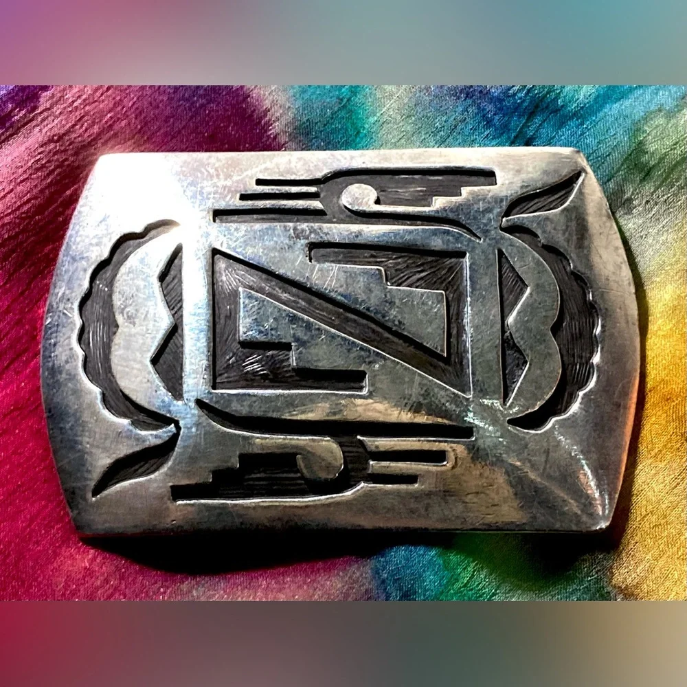Navajo Hopi Belt Buckle .925 SOLID Sterling Silver Handmade Overlay Circa 1980's
